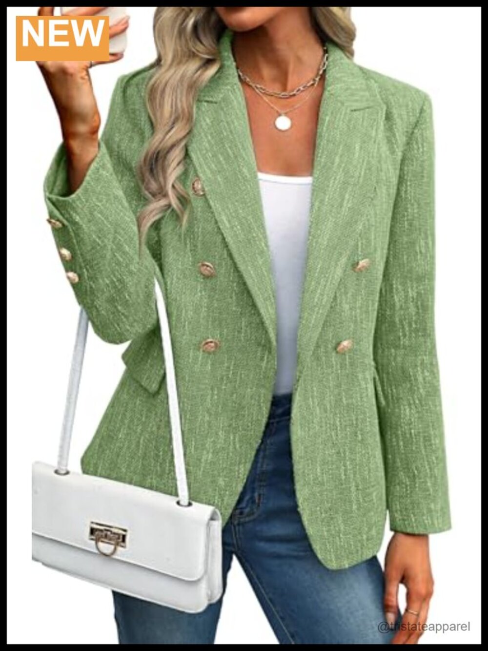 Tweed Blazer Women Business Casual Double-Breasted Notch Collar Long Sleeve